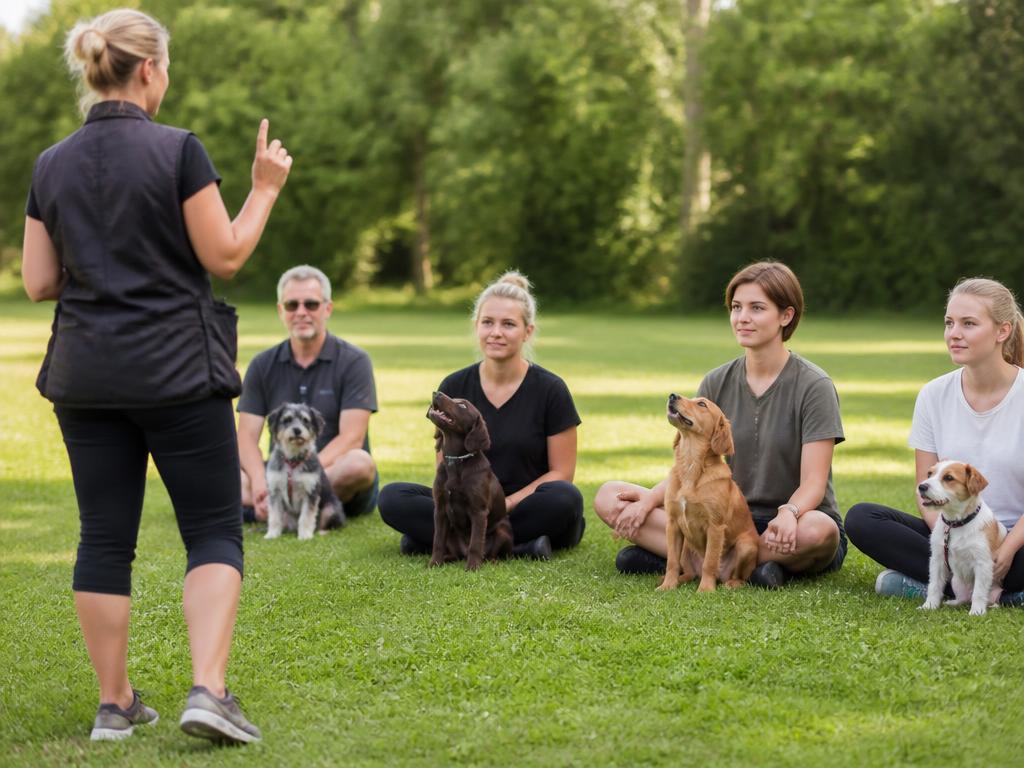 Instruktör som håller kurs för deltagare med hundar